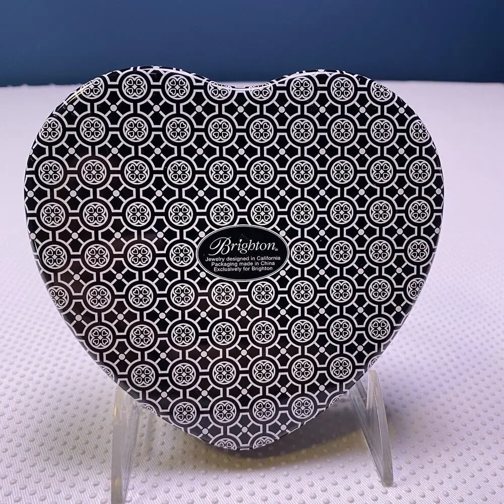 Brighton Heart Shaped Metal Tin Box Black & White Jewelry Trinket Case With Lid